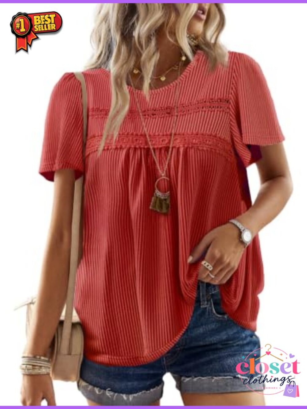 Womens Boho Ribbed Crochet Short Sleeve Tunic Top Loose Fit